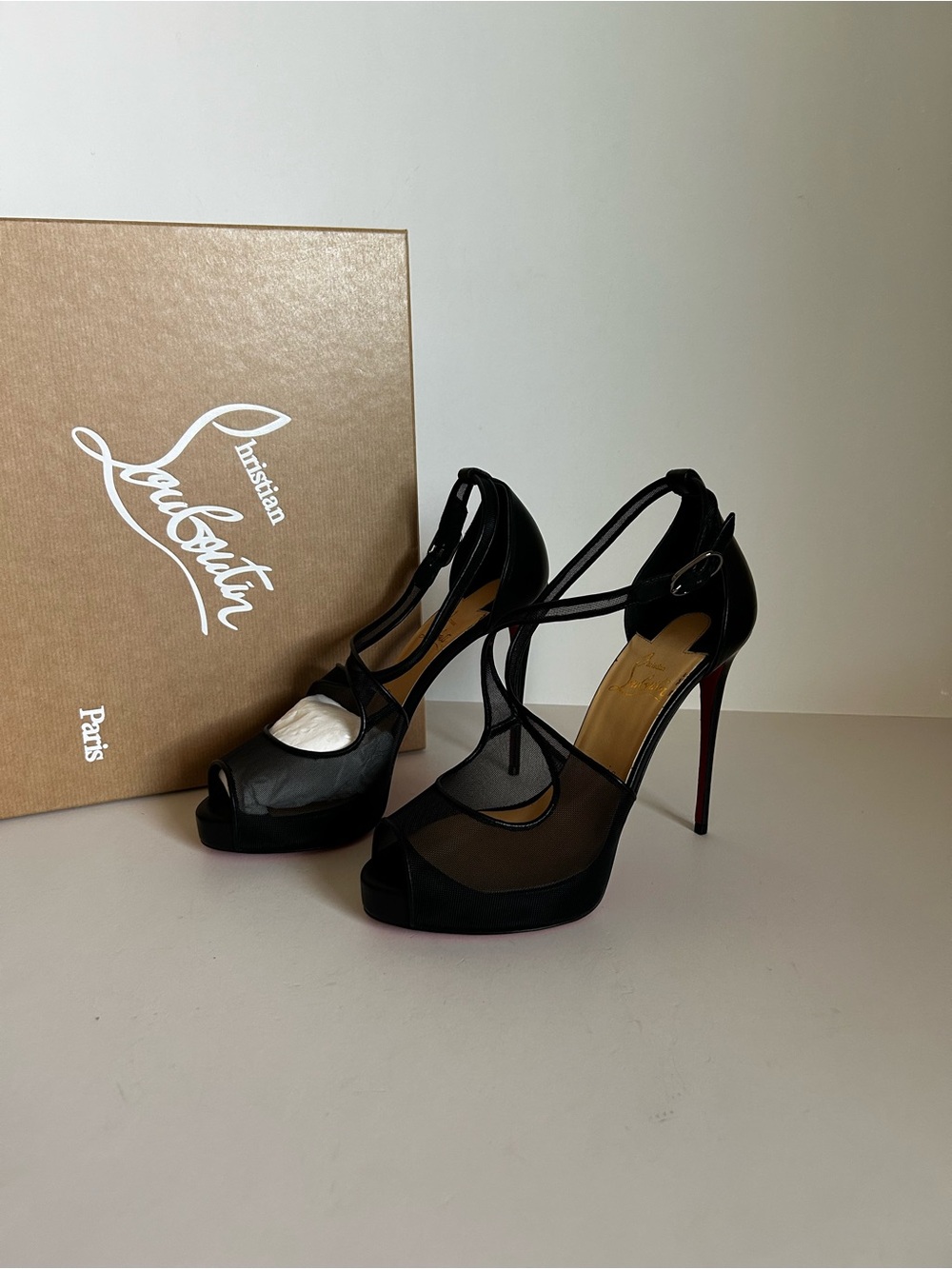 Christian Louboutin Black Mesh Crisscross Peep-Toe Pumps